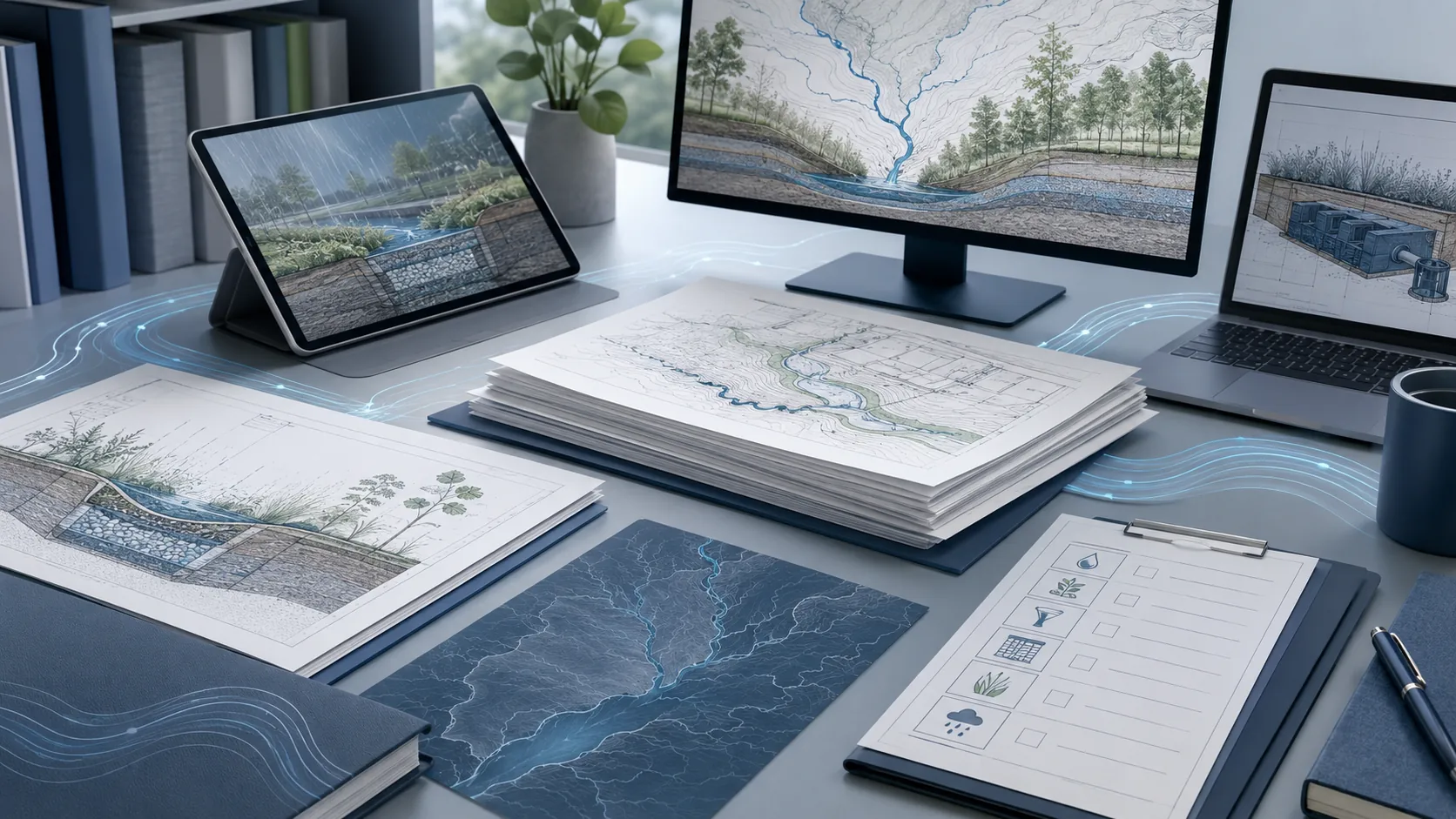 Professional water design and planning workspace